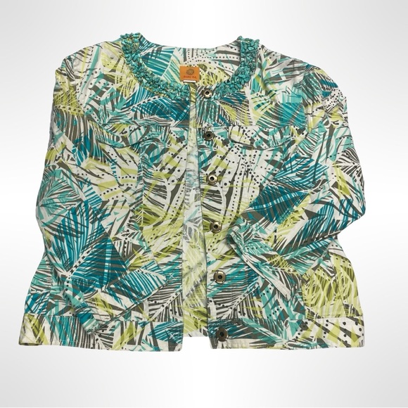 Ruby, red Tropical Leaf Print Jacket with turquoise embellished collar size 14 - Picture 1 of 5